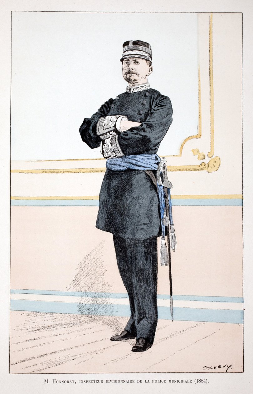 मानद, नगर पुलिस के मंडल निरीक्षक (1884)। रंगों में नक़्क़ाशी, चित्रण के लिए "" हिस्टोइरे डू कॉर्प्स डेस गार्डियन्स डे ला पैक्स "" "पुस्तक, लुई लेपिन (1846-1933) के तत्वावधान में प्रकाशित हुई, जो कि सीन की पुलिस का प्रीफेक्ट है, अल् द्वारा अज्ञात कलाकार