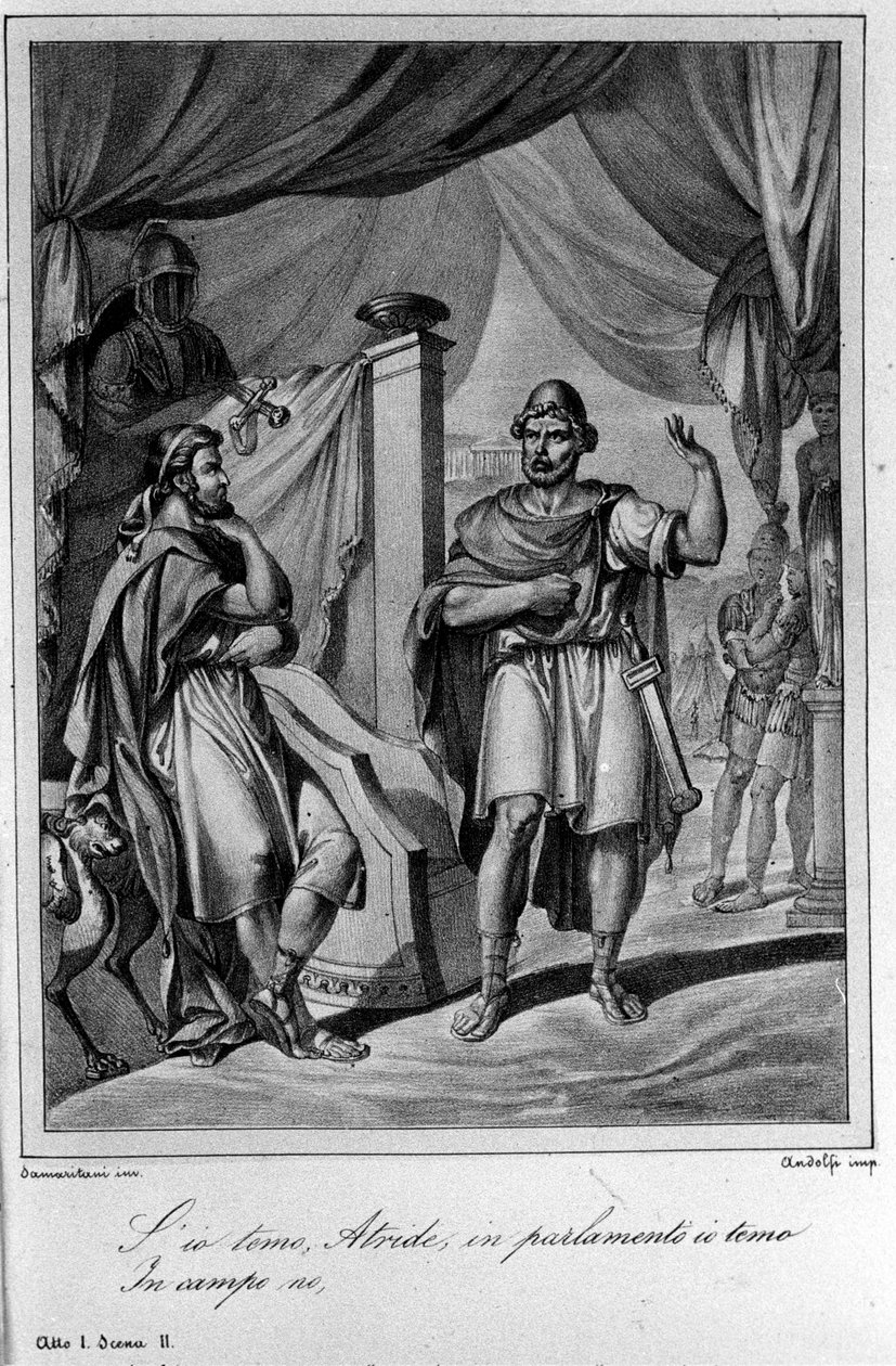 इतालवी कवि और नाटककार यूगो फोस्कोलो (1778-1827) 19वीं सदी द्वारा "अजाक्स" (आइएस) के अधिनियम I के दृश्य 2 के लिए चित्रण द्वारा अज्ञात कलाकार