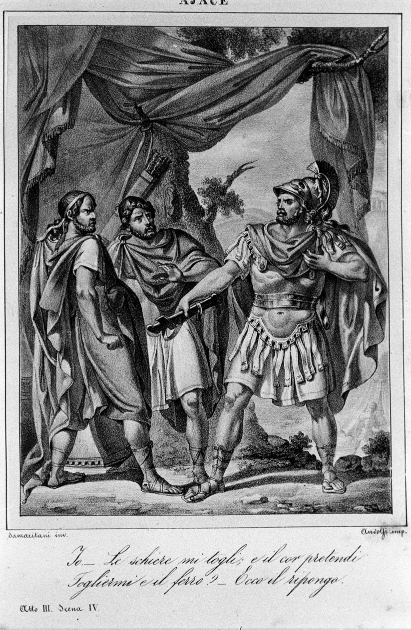 इतालवी कवि और नाटककार यूगो फोस्कोलो (1778-1827) 19वीं सदी द्वारा "" अजाक्स"" (आइएस) के अधिनियम IV के दृश्य 3 के लिए चित्रण द्वारा अज्ञात कलाकार
