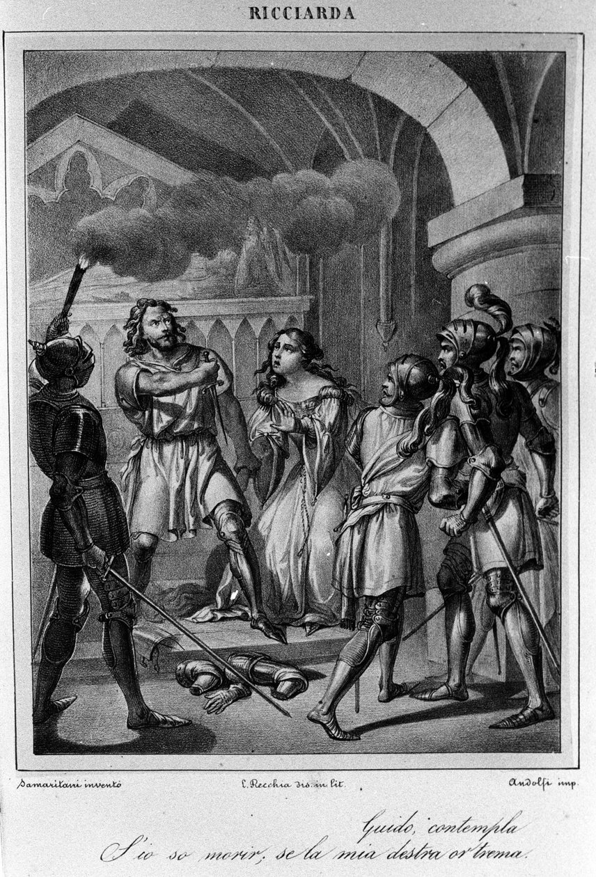 इतालवी कवि और नाटककार उगो फोस्कोलो (1778-1827) 19वीं सदी द्वारा "रिकियार्डा" के अधिनियम वी के अंतिम दृश्य के लिए चित्रण द्वारा अज्ञात कलाकार