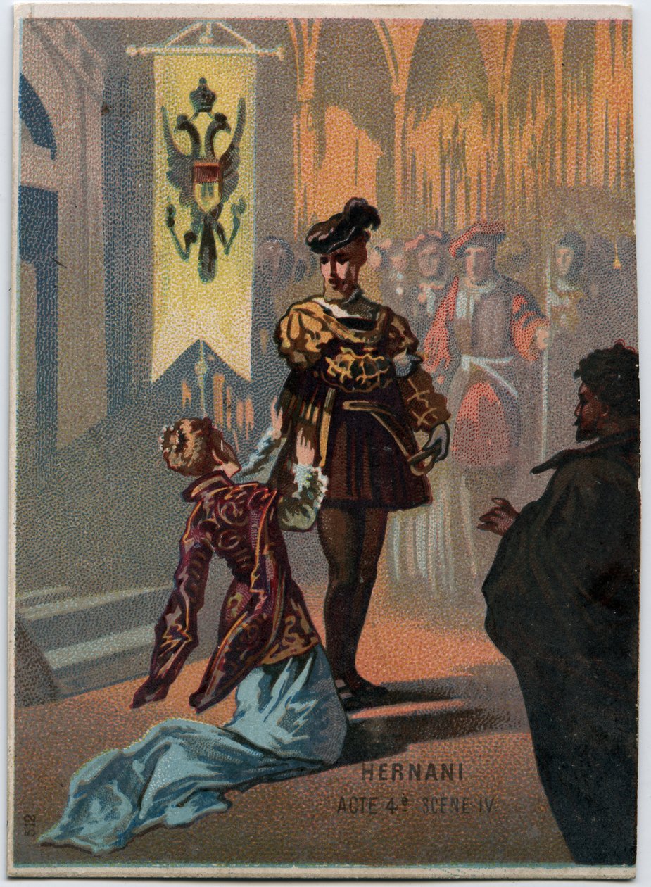 विक्टर ह्यूगो द्वारा त्रासदी "" हर्नानी "" के बाद इतालवी संगीतकार ग्यूसेप वर्डी (1813 - 1901), अधिनियम 4, दृश्य IV ओपेरा द्वारा "" एर्नानी" का चित्रण 1844 में बनाया गया था। 19वीं सदी के उत्तरार्ध की क्रोमोलिथोग्राफी। द्वारा अज्ञात कलाकार