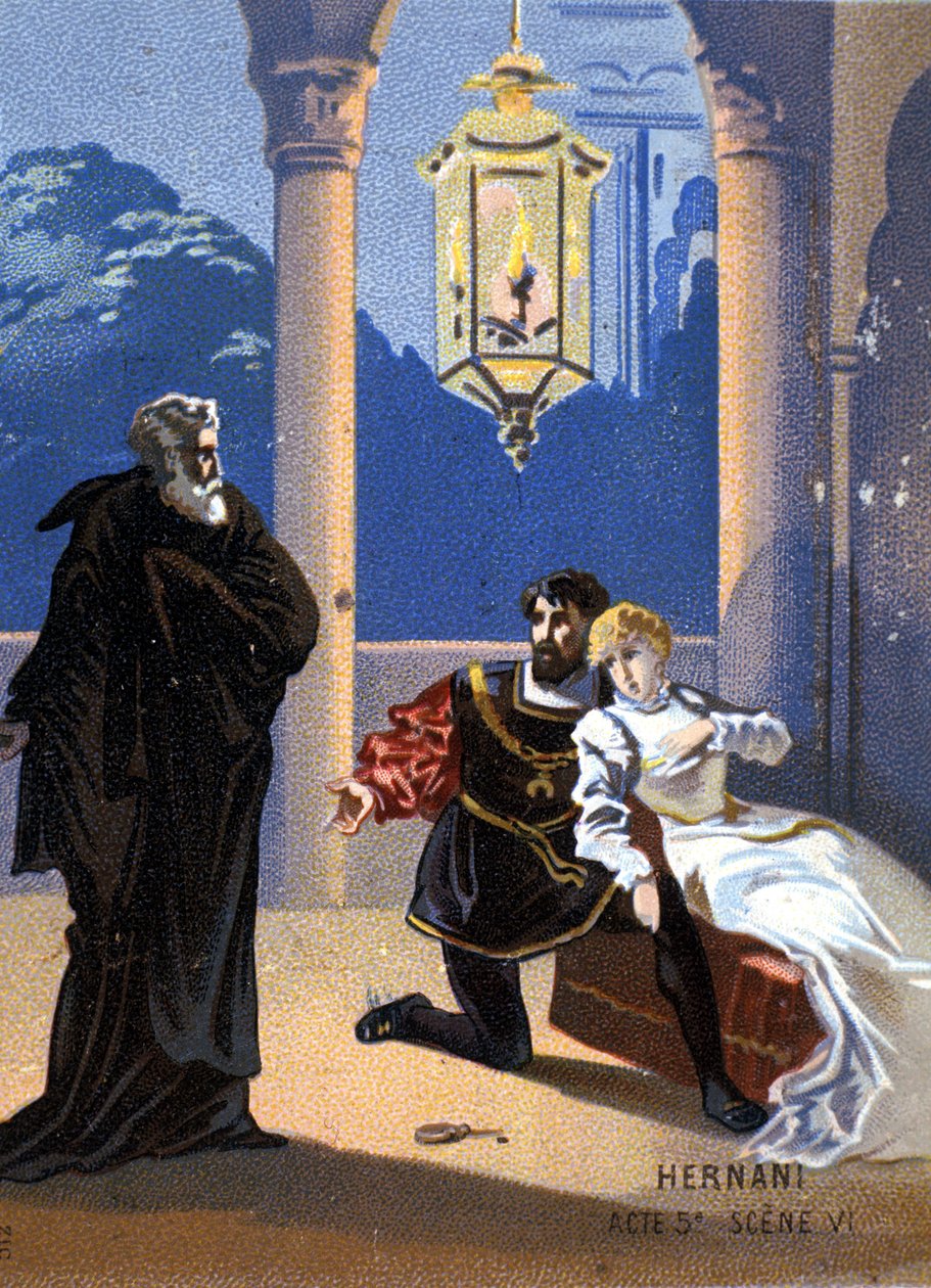 विक्टर ह्यूगो की त्रासदी "हर्नानी" के बाद 1844 में इतालवी संगीतकार ग्यूसेप वर्डी (1813 - 1901), एक्ट वी, दृश्य 6, ओपेरा द्वारा "एर्नानी" का चित्रण। 19वीं सदी के अंत का क्रोमोलिथोग्राफ... द्वारा अज्ञात कलाकार