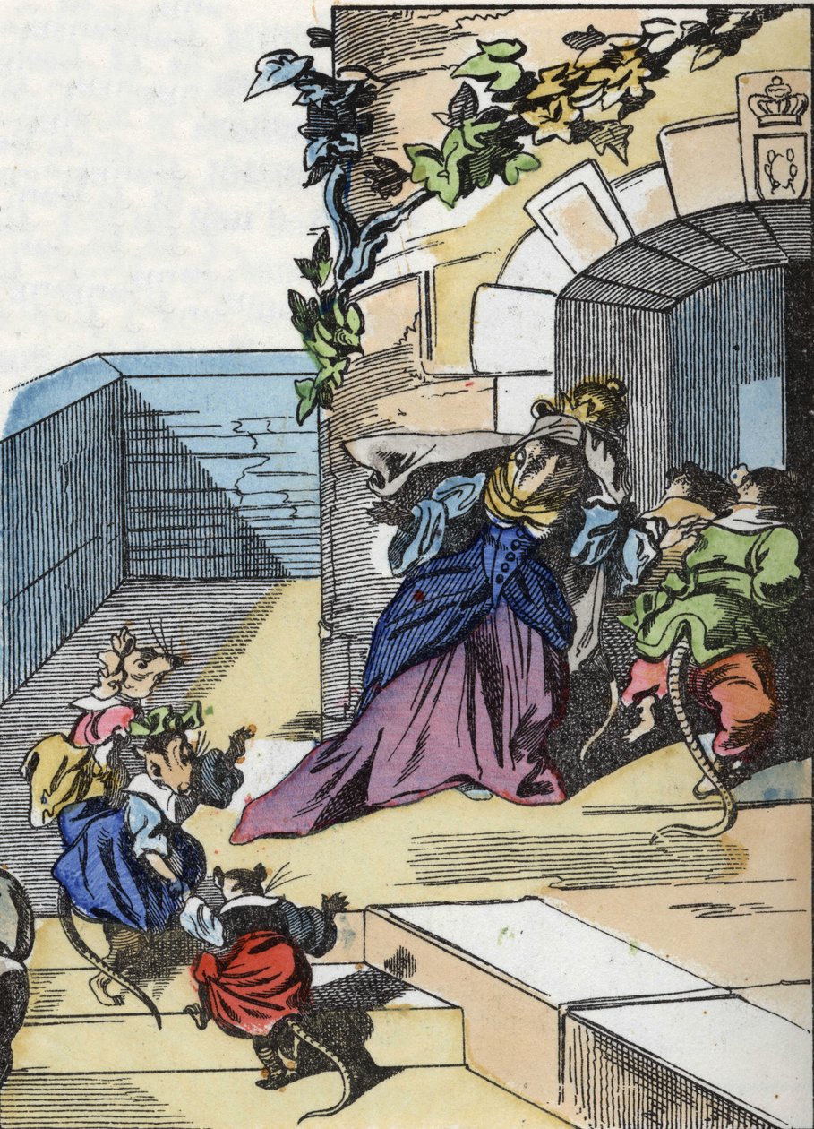 कहानी का चित्रण "द टेरिबल रामिनग्रोबिस एंड द माइस"" चरित्र जीन डे ला फोंटेन द्वारा दंतकथाओं को चित्रित करता है। "" छोटों के लिए घर से किस्से"" में। उन्नीसवीं सदी की अनाम उत्कीर्णन। द्वारा अज्ञात कलाकार