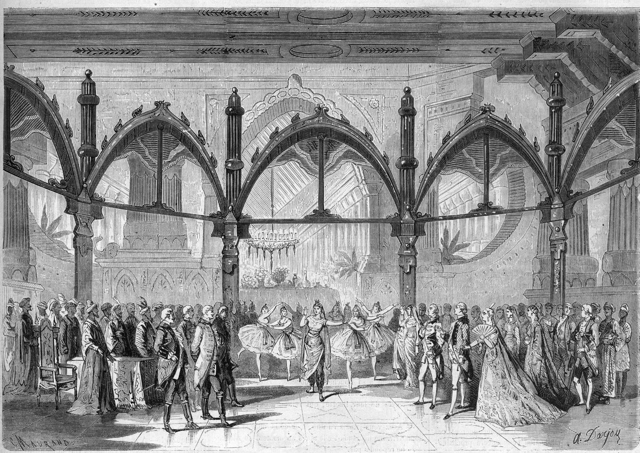 कॉमिक ओपेरा का इंपीरियल थियेटर: डैनियल फ्रेंकोइस एस्प्रिट औबर (1782-1871) द्वारा ओपेरा "द फर्स्ट डे ऑफ हैप्पीनेस" का दृश्य IV, अधिनियम II। "" शानदार ब्रह्मांड "" में उत्कीर्णन द्वारा अज्ञात कलाकार