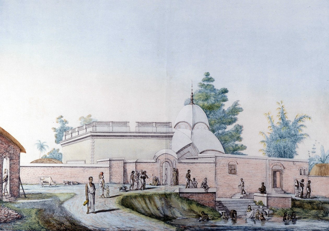 भारतीय संस्कृति और सभ्यता: भारत के कलकत्ता (या कालकाता) में हुगली नदी में स्नान। उत्कीर्णन 1808। द्वारा अज्ञात कलाकार