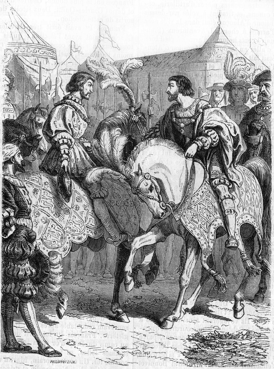 फ्रेंकोइस 1 और हेनरी VIII का साक्षात्कार। 19वीं सदी की नक्काशी। द्वारा अज्ञात कलाकार