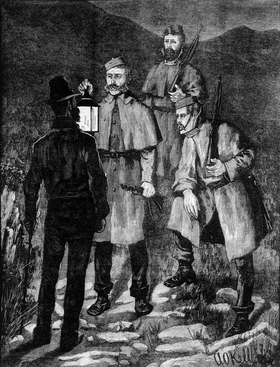 एक संदिग्ध को नियंत्रित करने वाली आयरिश पुलिस गश्ती (1881)। द्वारा अज्ञात कलाकार