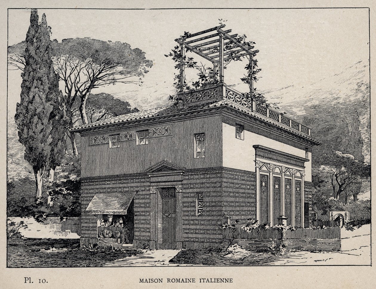 इटालियन रोमन हाउस - मिस्टर चार्ल्स गार्नियर द्वारा "1889 की सार्वभौमिक प्रदर्शनी में मानव निवास का इतिहास" में 1889 का उत्कीर्णन - लाइब्रेरी सेंट्रेल डेस बीक्स-आर्ट्स पेरिस 1889 द्वारा अज्ञात कलाकार