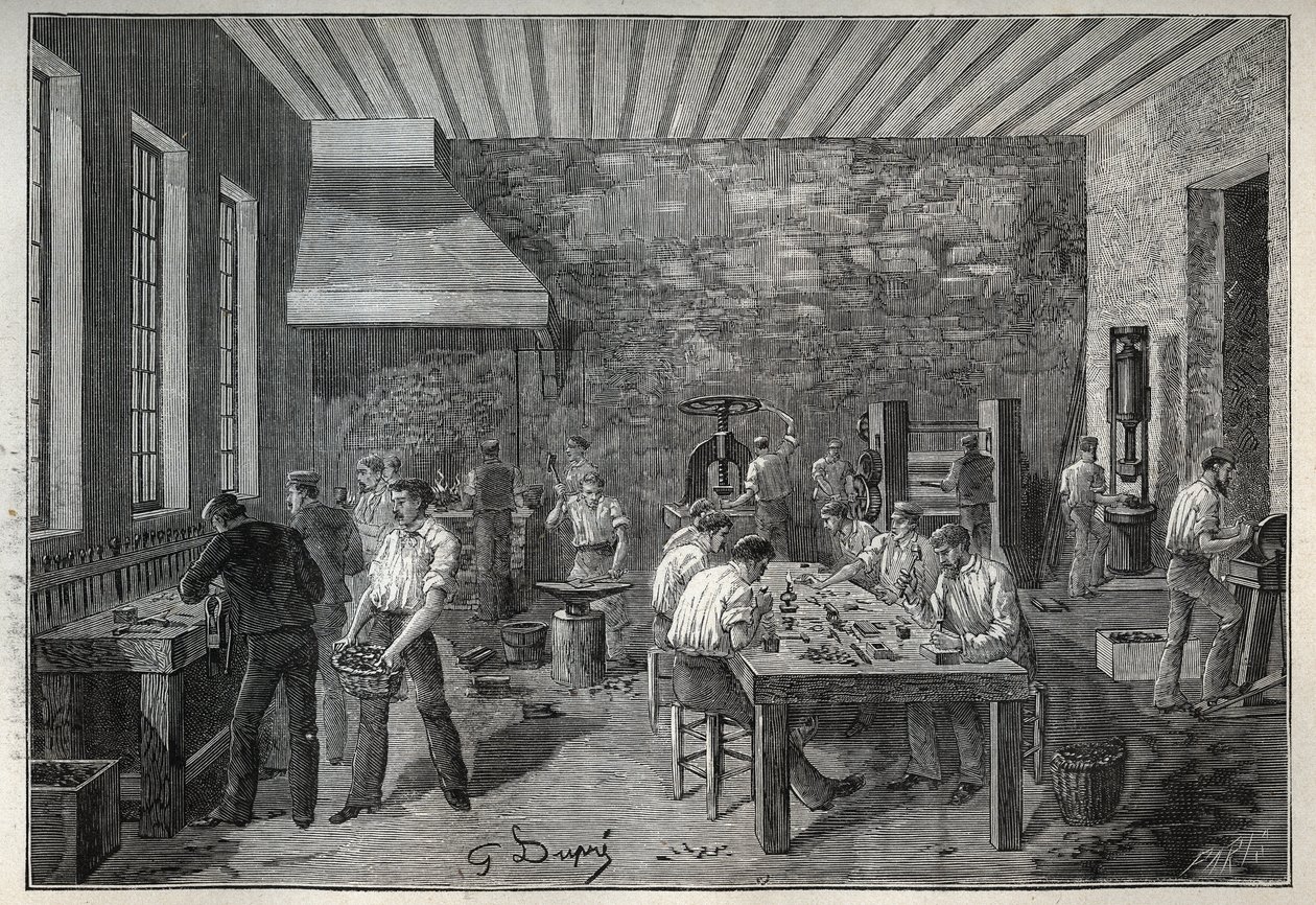 आभूषण: स्टील के गहने कारखाने। एडोल्फ बिटार्ड द्वारा 1885 से "लेस आर्ट्स एट मेटियर्स इलस्ट्रेट्स" में उत्कीर्णन। द्वारा अज्ञात कलाकार