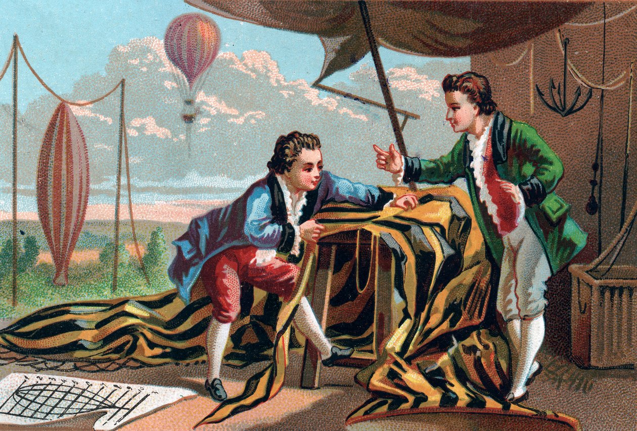 जोसेफ (1740-1810) और एटिने (1745-1799) डी मोंटगोल्फियर (भाइयों) ने 1783 में एरोस्टैट्स का आविष्कार किया। 19 वीं शताब्दी की देर से क्रोमोलिथोग्राफी। द्वारा अज्ञात कलाकार