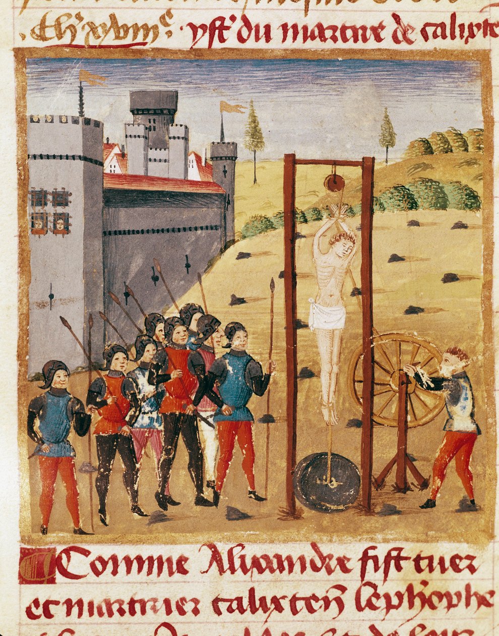 किंग अलेक्जेंडर द ग्रेट (३५६-३२३ ईसा पूर्व) क्विंटस कर्टियस रूफस (पहली शताब्दी) (एमएस १३३५) द्वारा "" अलेक्जेंडर द ग्रेट के तथ्यों की पुस्तक """ से लिया गया लघुचित्र """ फांसी के द्वारा महान कैलिक्स्टन सेफोब के निष्प द्वारा अज्ञात कलाकार