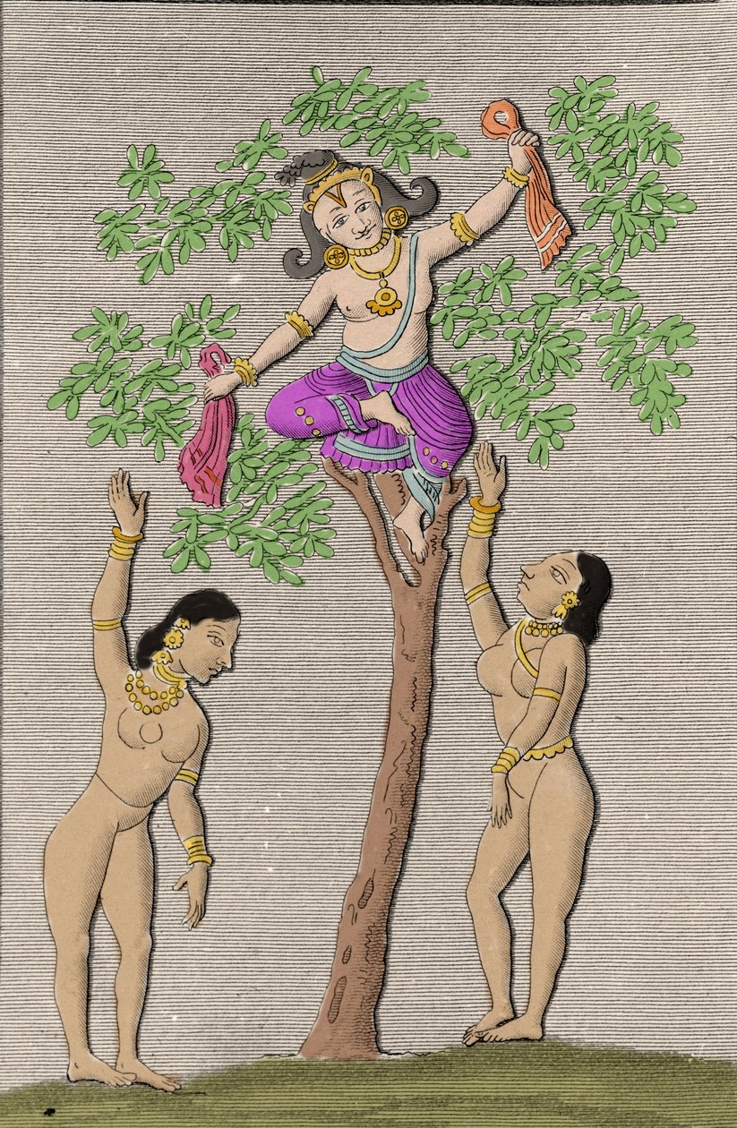 कृष्ण दो गोपियों के साथ उड़ रहे हैं। एलएम लैंगल्स, पेरिस 1821 द्वारा "हिंदुस्तान के प्राचीन और आधुनिक स्मारक" में उत्कीर्णन। द्वारा अज्ञात कलाकार