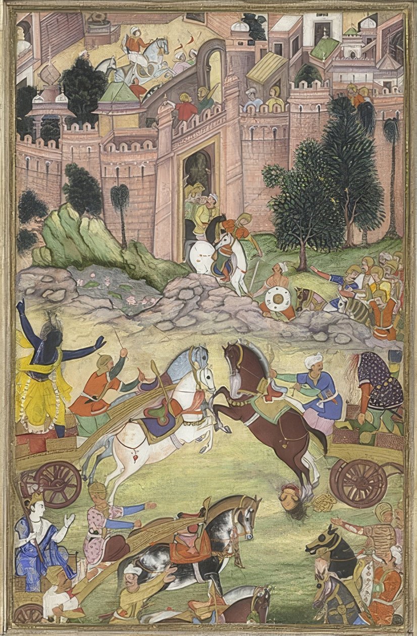कृष्ण राक्षस श्री गाला (हरिवंश से दृश्य) को मारते हैं। 1585-95 के आसपास द्वारा अज्ञात