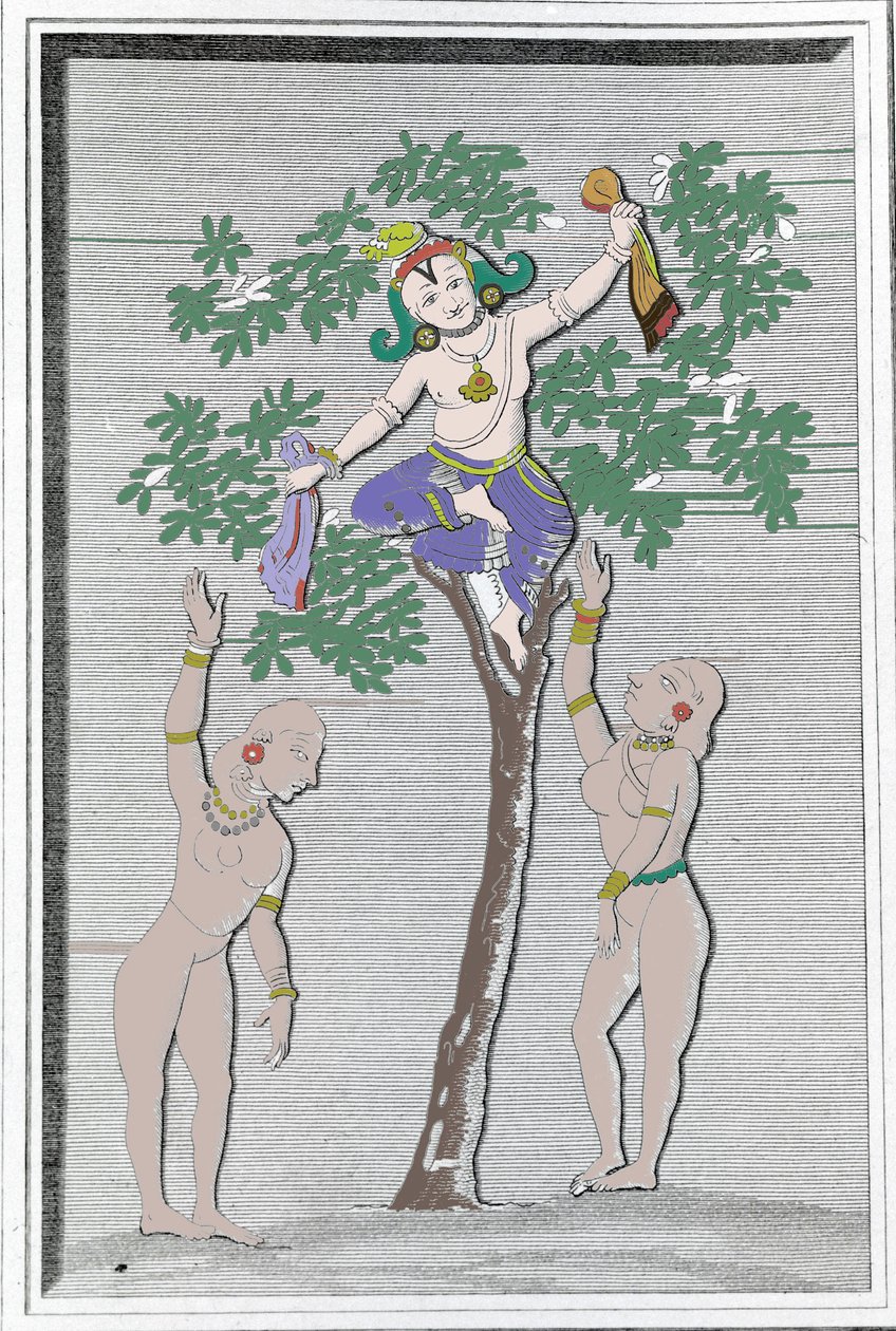 कृष्ण ने दो गोपी के वस्त्र चुराए। एलएम लैंगलेस: "" हिंदुस्तान के प्राचीन और आधुनिक स्मारक "पेरिस" द्वारा अज्ञात कलाकार