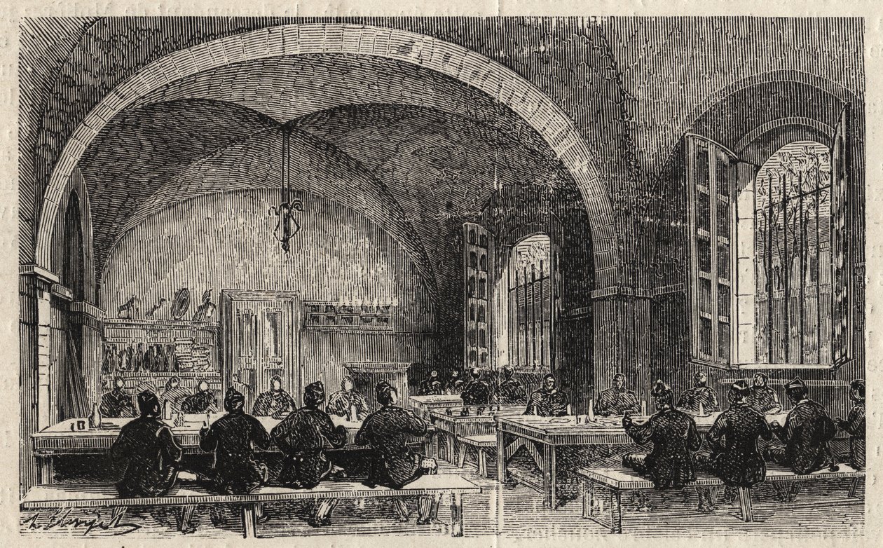 1873 में पेरिस में L'Ecole Polytechnique - Le refectoire - 1873 से "ले मोंडे इलस्ट्रियस" में उत्कीर्णन द्वारा अज्ञात कलाकार