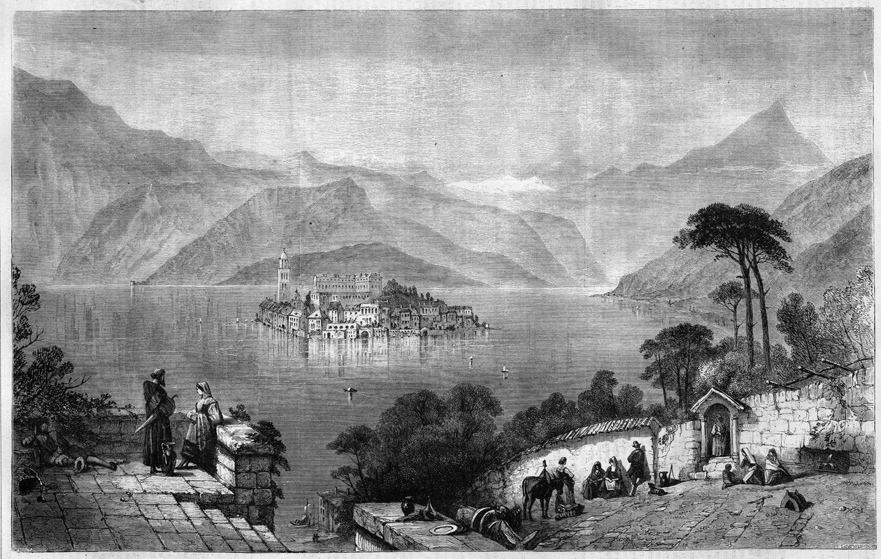 ओर्टा झील (कुसियो झील) (इटली के नोवारा प्रांत में सैन गिउलिओ (सेंट जूल्स) द्वीप के मध्य में। 1865 से उत्कीर्णन। द्वारा अज्ञात कलाकार