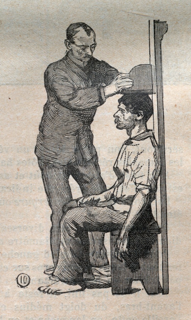 ज्यूडिशियल एंथ्रोपोमेट्री या बर्टिलोनेज, अल्फोंस बर्टिलन की विधि (1853-1914): बस्ट को मापना - "ला साइंस फ़्रैन्काइज़" में उत्कीर्णन द्वारा अज्ञात कलाकार