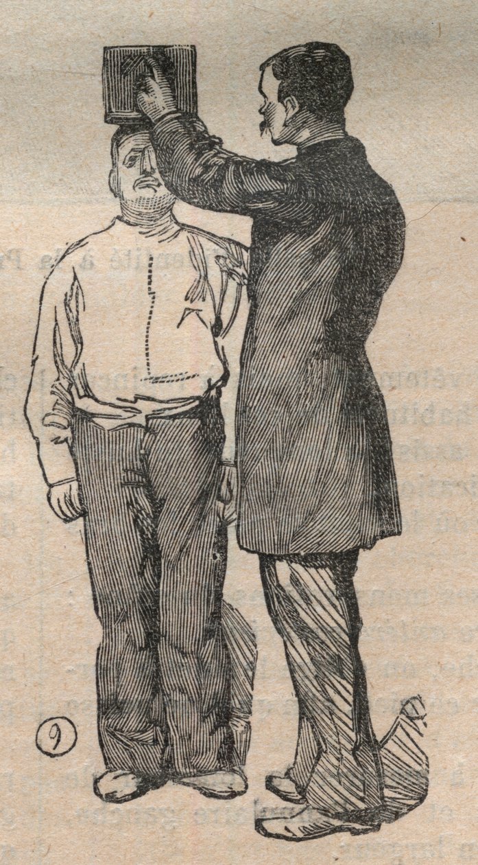 न्यायिक मानवमिति या बर्टिलोनेज, अल्फोंस बर्टिलन की विधि (1853-1914): आकार माप - "ला साइंस फ़्रैंचाइज़" में उत्कीर्णन " द्वारा अज्ञात कलाकार