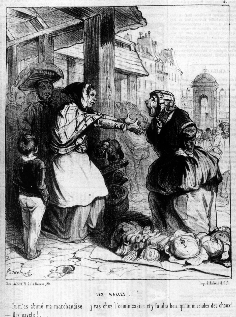लेस हॉल्स - मार्चांडेस हॉल्स डे पेरिस में झगड़ते हुए, 14/10/1844 के "" चारिवारी "" में। द्वारा अज्ञात कलाकार