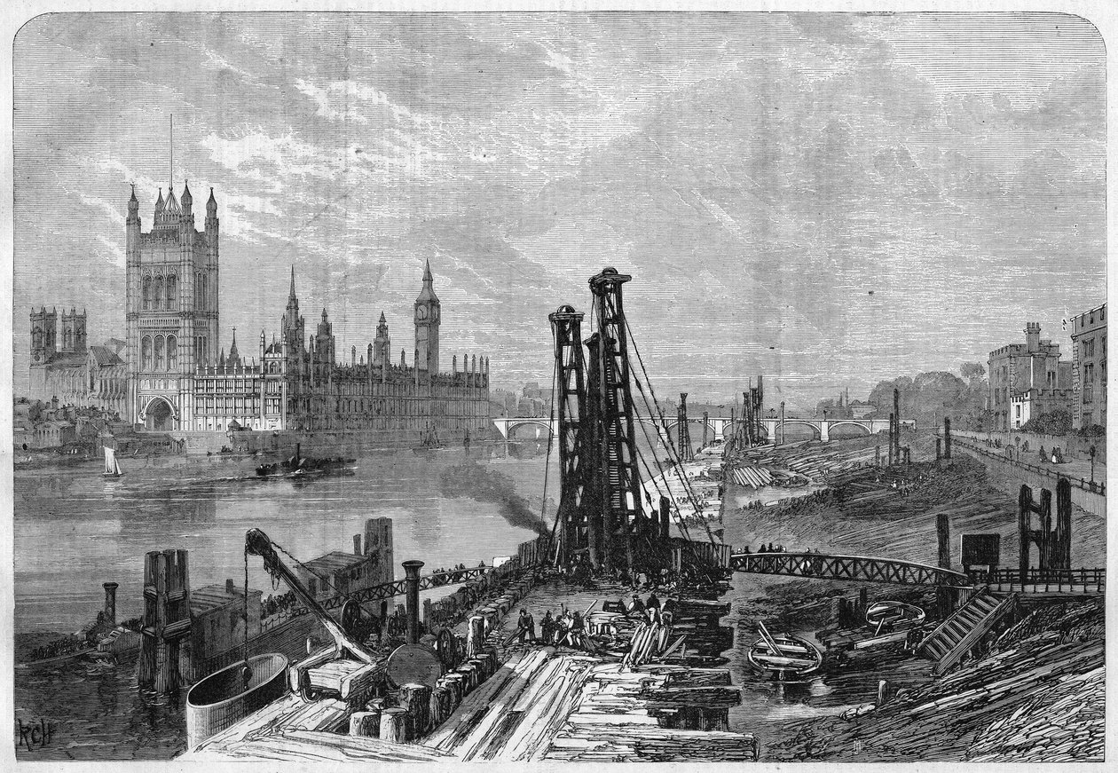 लंदन, उत्तरी तट पर वेस्टमिंस्टर के प्रशासनिक शहर के सामने, टेम्स के दक्षिणी तट पर गोदी का निर्माण। 20/10/1866 को "" ल 'यूनिवर्स इलस्ट्रेशन'' में। द्वारा अज्ञात कलाकार