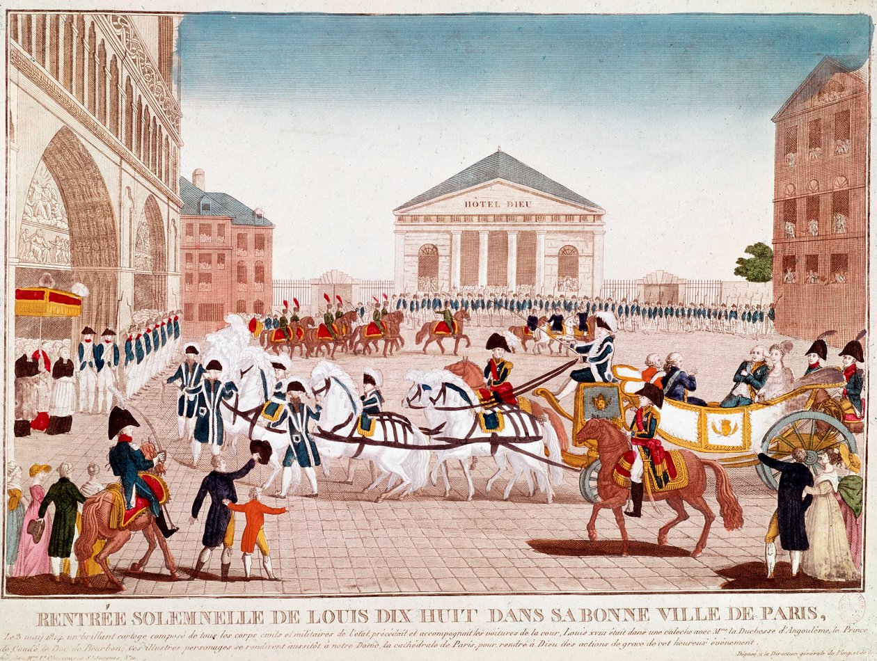 लुई XVIII नोट्रे डेम, पेरिस में पहुंचे, 3 मई 1814 (उत्कीर्णन) द्वारा अज्ञात कलाकार