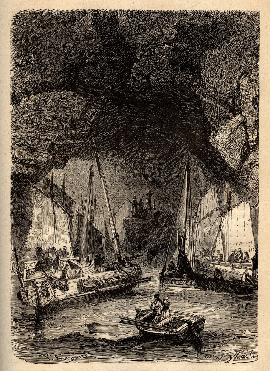 MORGAT'S CAVES - Morgat की समुद्री गुफाएँ - Finistere - brittany - "" PATRIE" में उत्कीर्णन - DESCRIPTION PECTURESSE DE LA FRANCE EN 6 volues by Lucien HUARD - अंत 19वीं सदी द्वारा अज्ञात कलाकार