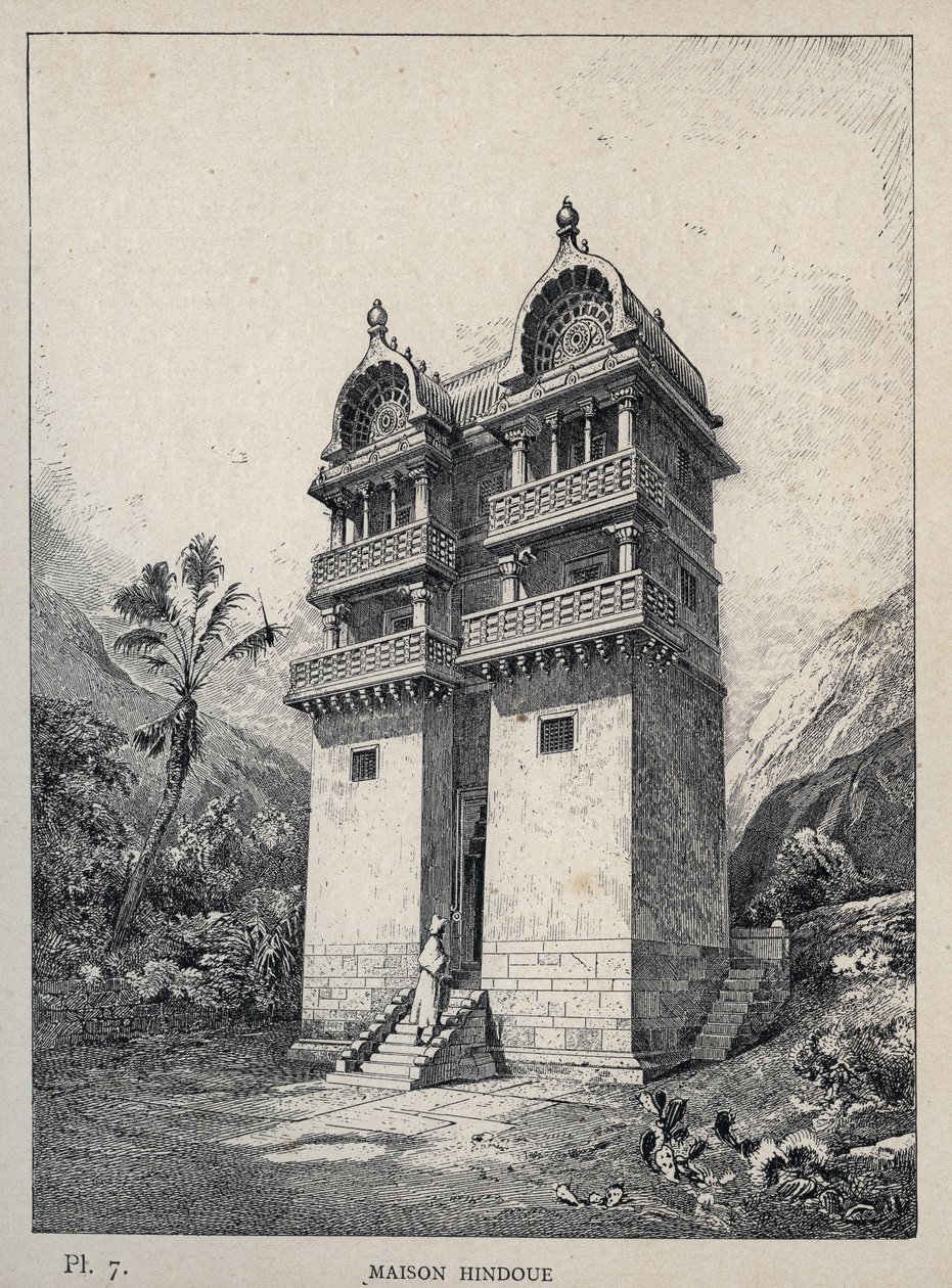 मैसन हिंदू (हिंदू हाउस) - मिस्टर चार्ल्स गार्नियर द्वारा "1889 की सार्वभौमिक प्रदर्शनी में मानव निवास का इतिहास" में 1889 का उत्कीर्णन - लाइब्रेरी सेंट्रेल डेस बीक्स-आर्ट्स पेरिस 1889 द्वारा अज्ञात कलाकार