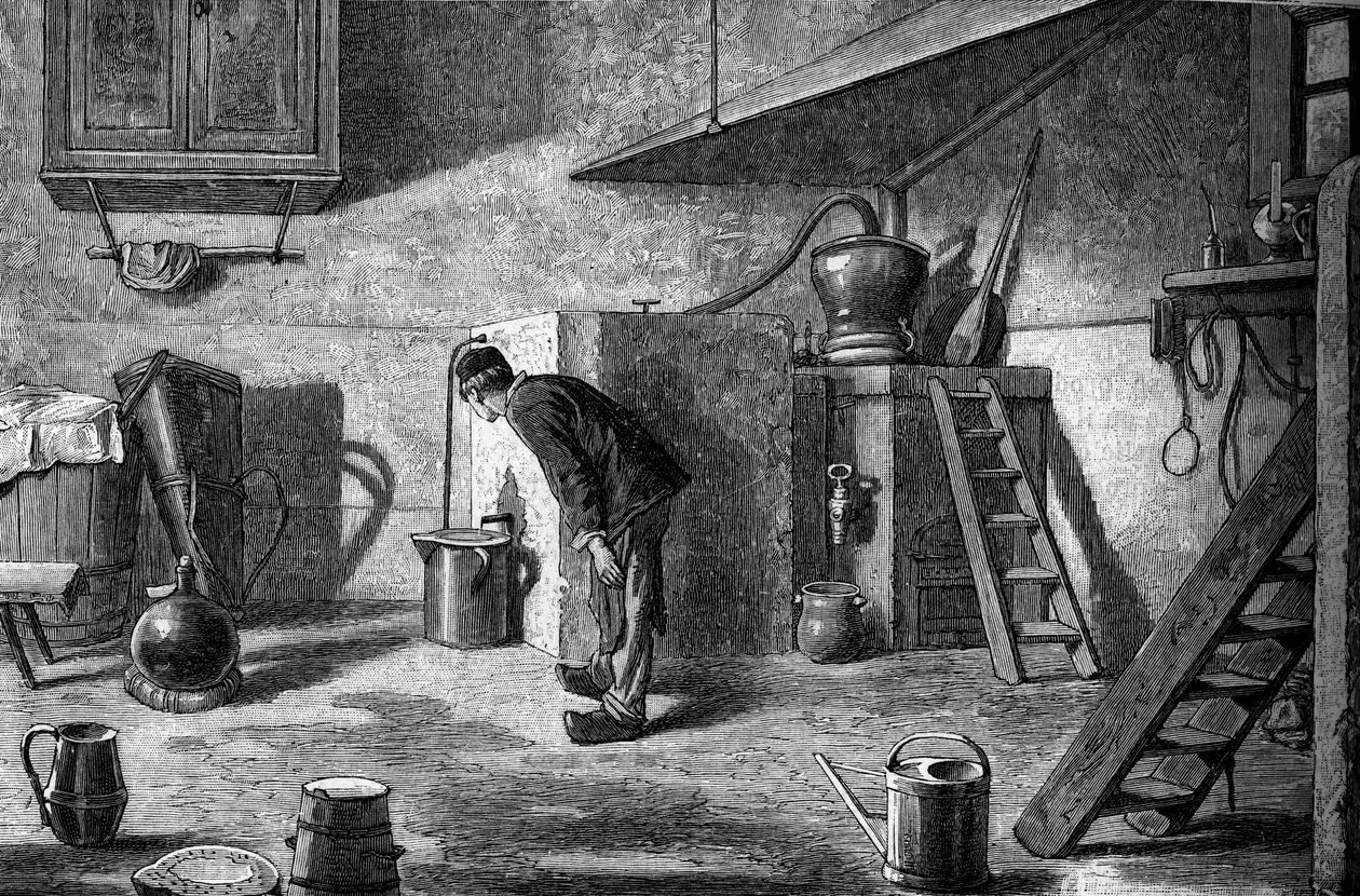 किर्श का निर्माण: आसवन, अलसैस में इसेनबर्ग का महल। "" ले जर्नल डे ला जेनेसे "" में उत्कीर्णन द्वारा अज्ञात कलाकार