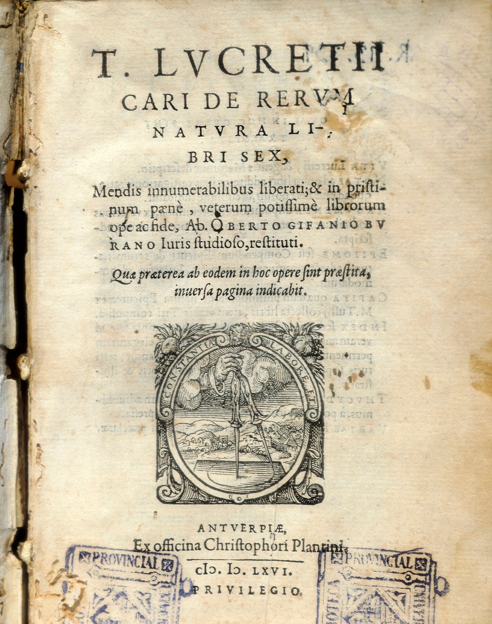 लैटिन दार्शनिक ल्यूक्रेस (टाइटस ल्यूक्रेटियस कारस) (98-55 ईसा पूर्व) 1564 द्वारा ""डी नेचुरा रेरम"" (प्रकृति से) के खंड 6 का पांडुलिपि पृष्ठ द्वारा अज्ञात कलाकार