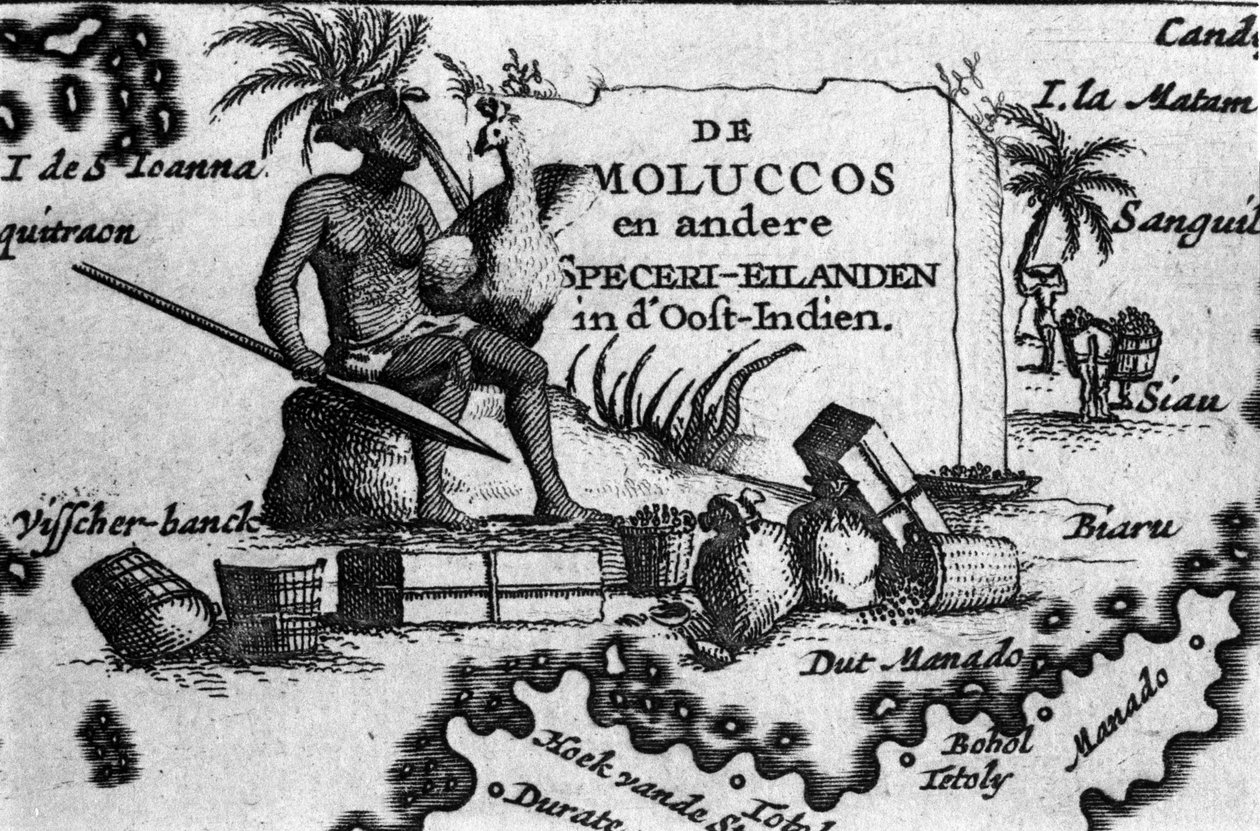 पूर्वी इंडोनेशिया में मोलुक्का द्वीपसमूह का नक्शा। पियरे वैंडियर द्वारा "मैप्स डेस इटिनेयर्स एट वॉयेज मॉडर्नेस" से लिया गया भौगोलिक मानचित्र। सत्रवहीं शताब्दी द्वारा अज्ञात कलाकार