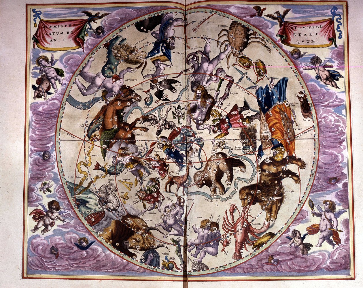 आकाश का नक्शा और राशि चक्र के संकेत - आंद्रे सेलरियस द्वारा "हार्मोनिया मैक्रोकोस्मिका" के अनुसार, उत्तरी आकाश के नक्षत्रों का प्रतिनिधित्व करने वाली एक प्राचीन रचना की प्रतिकृति द्वारा अज्ञात कलाकार
