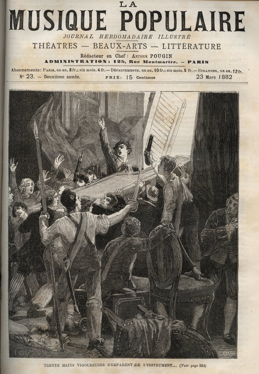 मैरी-एंटोनेट की हार्पसीकोर्ड हिस्टोइरे डी १८३४ "" तीस जोरदार हाथों ने उपकरण को जब्त कर लिया ..."" रानी के ट्यूनर की भयानक आँखों के नीचे, दाईं ओर। द्वारा अज्ञात कलाकार