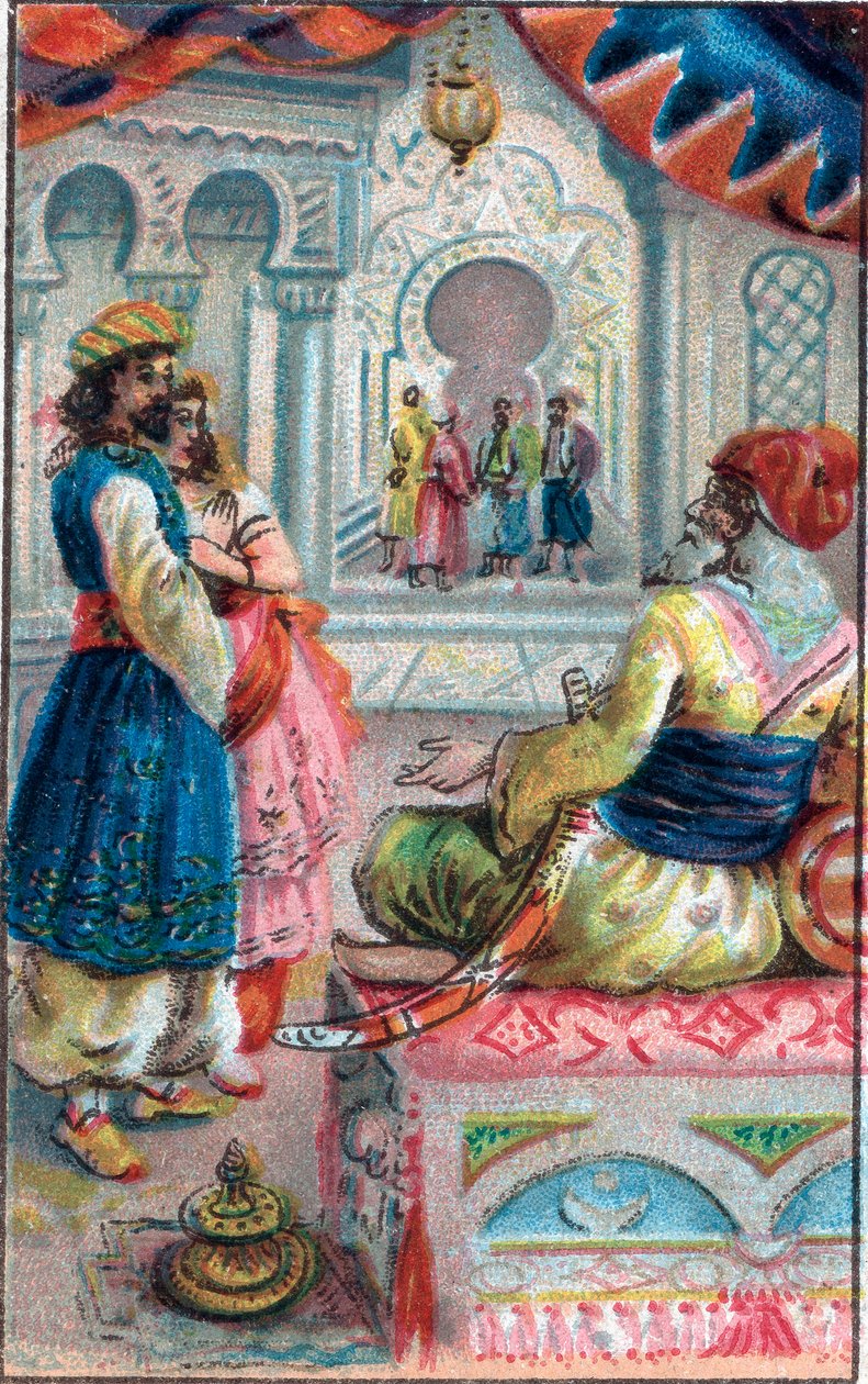 राजा से पहले मारुफ: टेल ऑफ़ मारुफ़ (मारुफ़) द सेवर "" द हज़ार एंड वन नाइट्स" (1001 नाइट्स या ले मिले ए उना नोट, अरेबियन नाइट्स), 19 वीं शताब्दी के अंत की क्रोमोलिथोग्राफी। द्वारा अज्ञात कलाकार