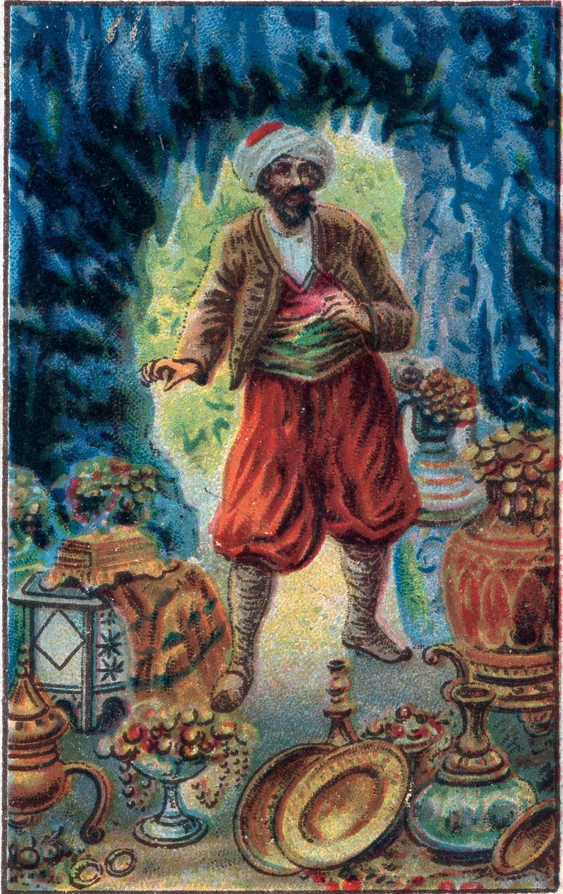 मारुफ इन द केव: टेल ऑफ़ मारुफ़ (मारुफ़) द सेवर "द हज़ार एंड वन नाइट्स" (द १००१ नाइट्स या ले मिले ए उना नोट, अरेबियन नाइट्स), १९वीं सदी के अंत की क्रोमोलिथोग्राफी। द्वारा अज्ञात कलाकार