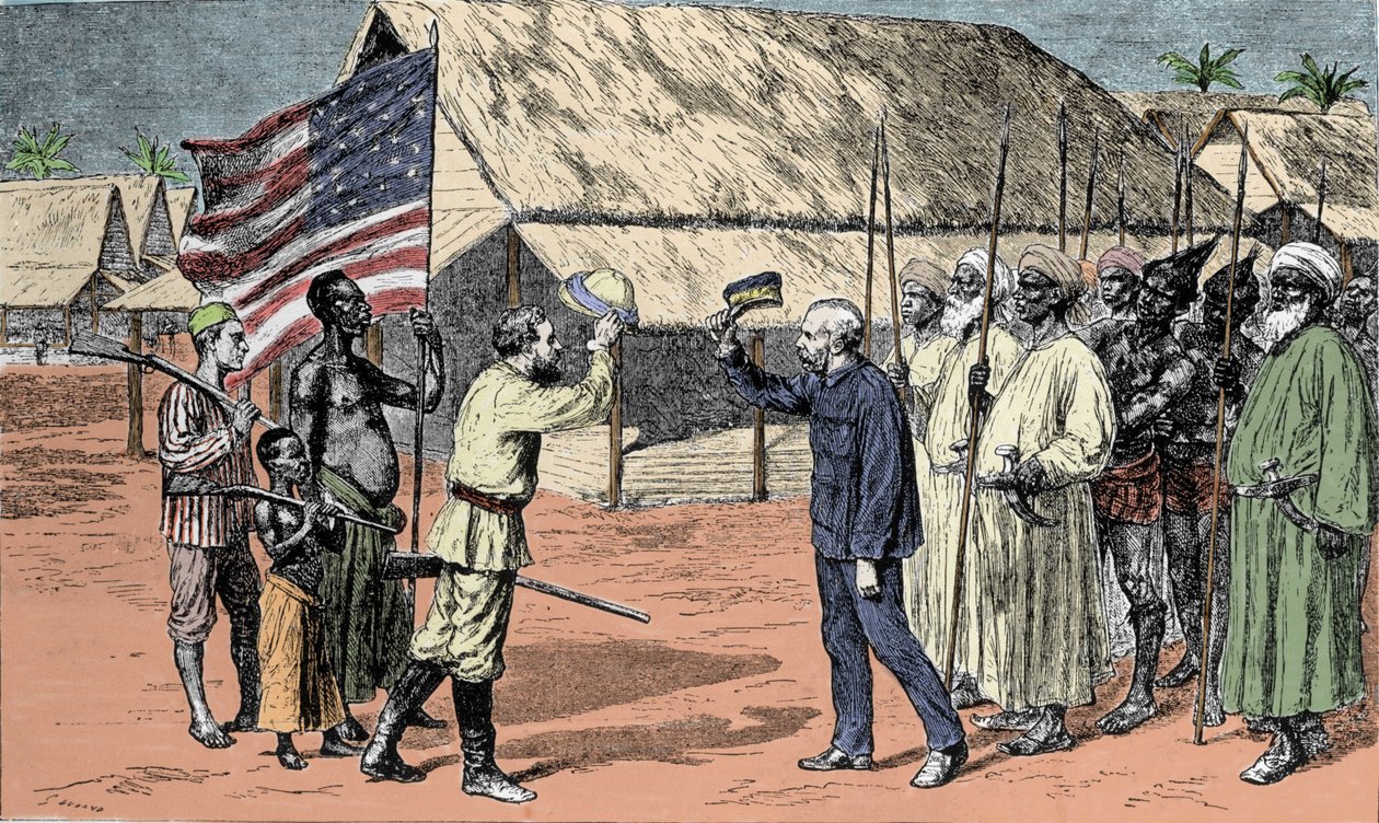 1871 में सर हेनरी मॉर्टन स्टेनली (1841-1904) और डेविड लिविंगस्टोन (1813-1873) के बीच बैठक। द्वारा अज्ञात कलाकार