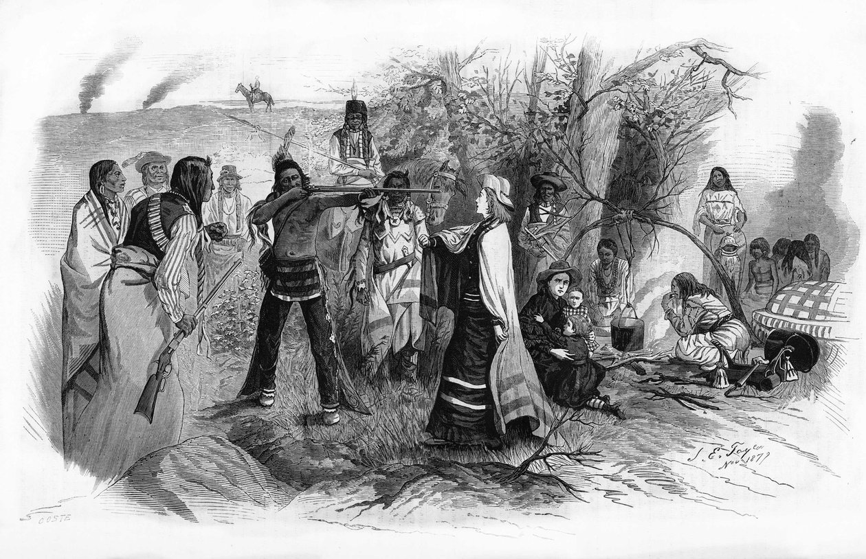 मिस जोसेफिन मीकर, 1880 में अमेरिकी भारतीय विद्रोहों द्वारा अपनी मां के साथ बंदी बना ली गईं। द्वारा अज्ञात कलाकार