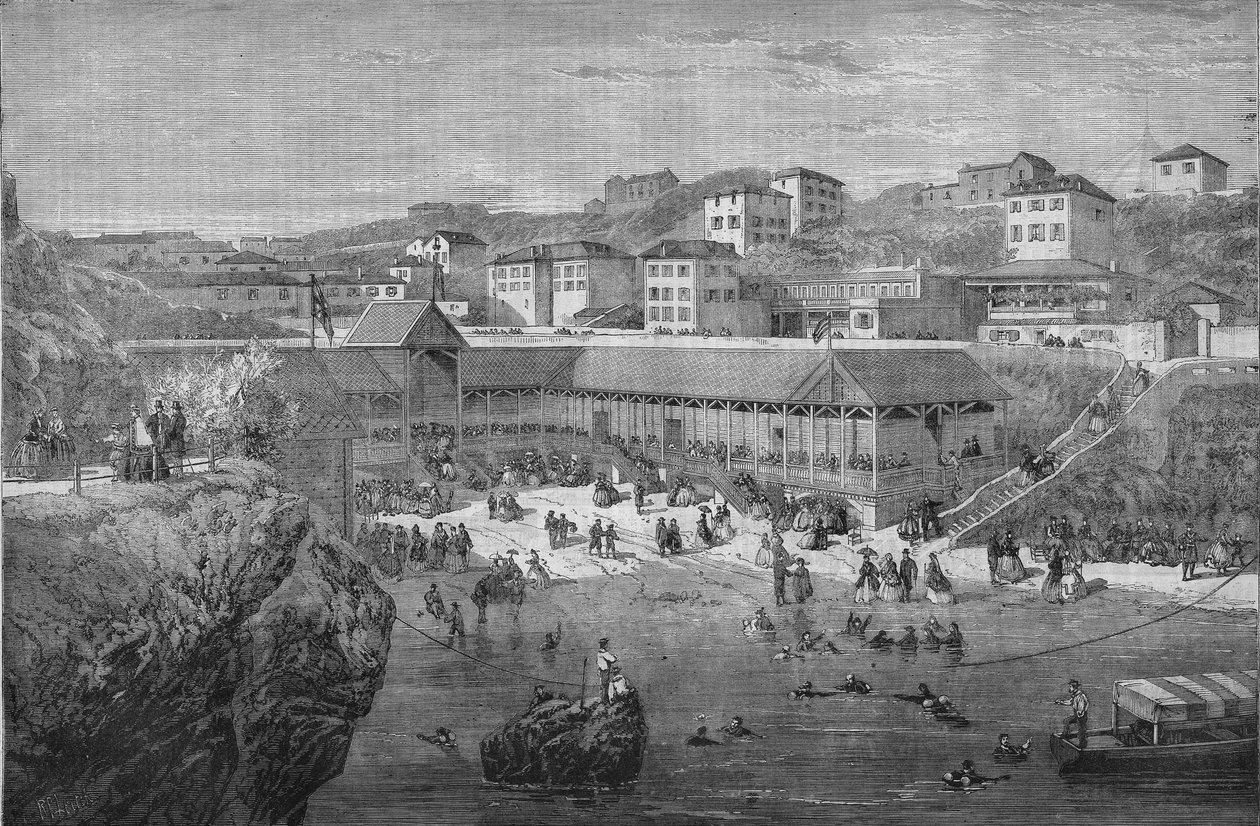 1867 में बियारिट्ज़ के समुद्री स्नान में सुबह। द्वारा अज्ञात कलाकार