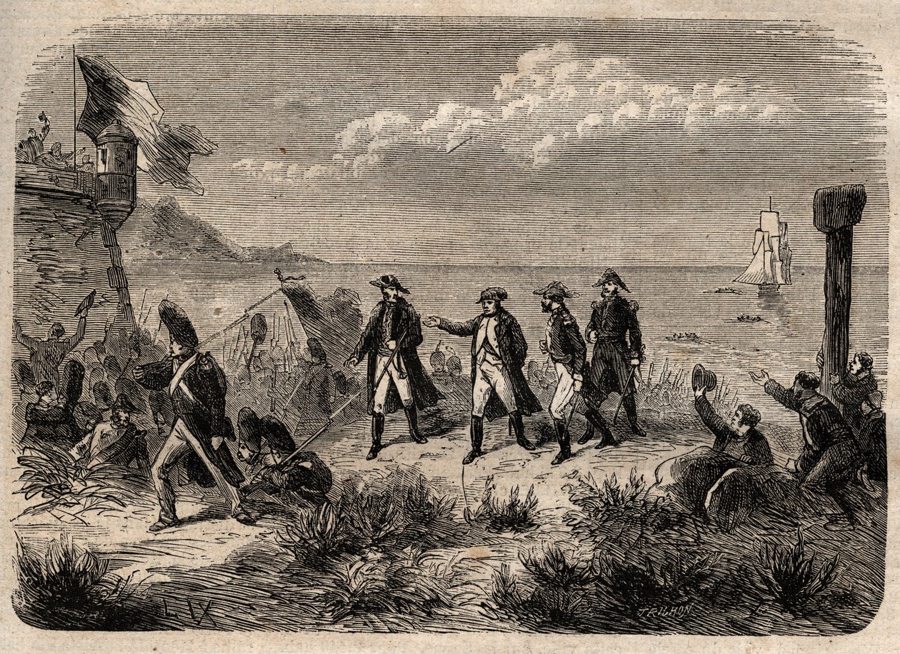 एल्बा से लौट रहा नेपोलियन - "" एल्बा द्वीप से नेपोलियन I की वापसी, 1 मार्च, 1815 को कान्स में उतरना """ डिक्शननेयर पॉपुलेयर इलस्ट्रियस "में उकेरा गया" - 1864 - जोसेफ डेसेम्ब्रे और एडमंड एलोनियर द्वारा - द्वारा अज्ञात कलाकार