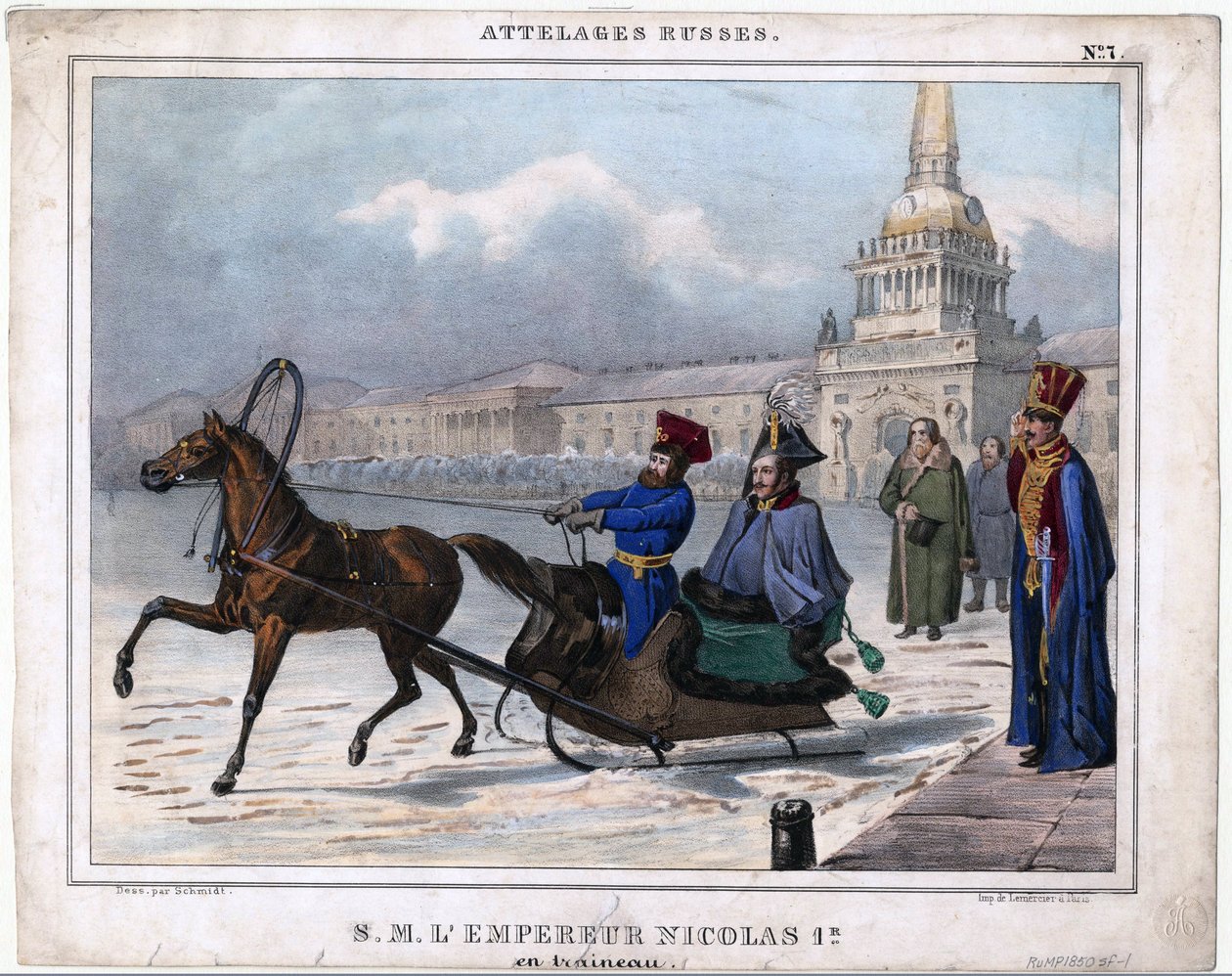 निकोलस I एन ट्रेनेउ - रूस के निकोलस I एक बेपहियों की गाड़ी में - बेनामी - 1850 - लिथोग्राफ, वॉटरकलर - 21,3x26,8 - निजी संग्रह द्वारा अज्ञात कलाकार