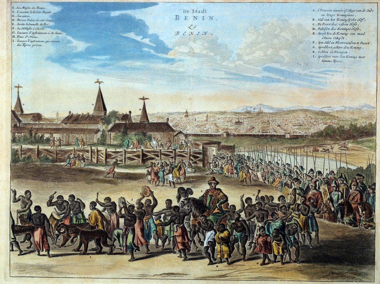 1680 में ओबामे में किंग होउगबजा (1645-1689) के बाहर बेनिन राज्य की राजधानी। 1686 से उत्कीर्णन। पेरिस, अफ्रीकी और ओशियान कला। द्वारा अज्ञात कलाकार