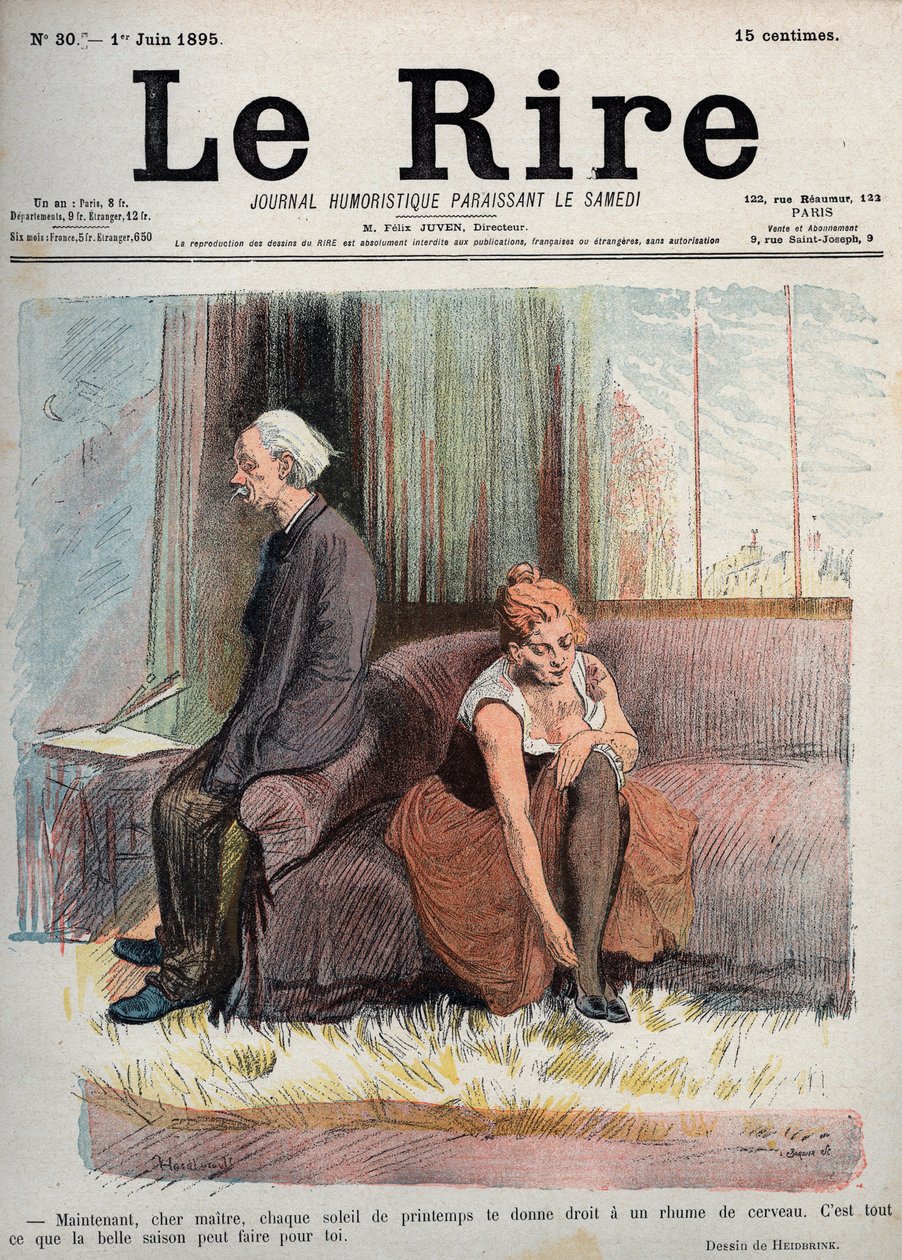 अब प्रिय गुरु हर वसंत सूरज आपको दिमागी सर्दी का अधिकार देता है, बस इतना ही अच्छा मौसम आपके लिए कर सकता है - ओसवाल्ड हेडब्रिंक द्वारा "शनिवार को प्रदर्शित होने वाली लाफ्टर ह्यूमरिस्टिक जर्नल" संख्या 30 में ड्राइंग। 1 जून द्वारा अज्ञात कलाकार