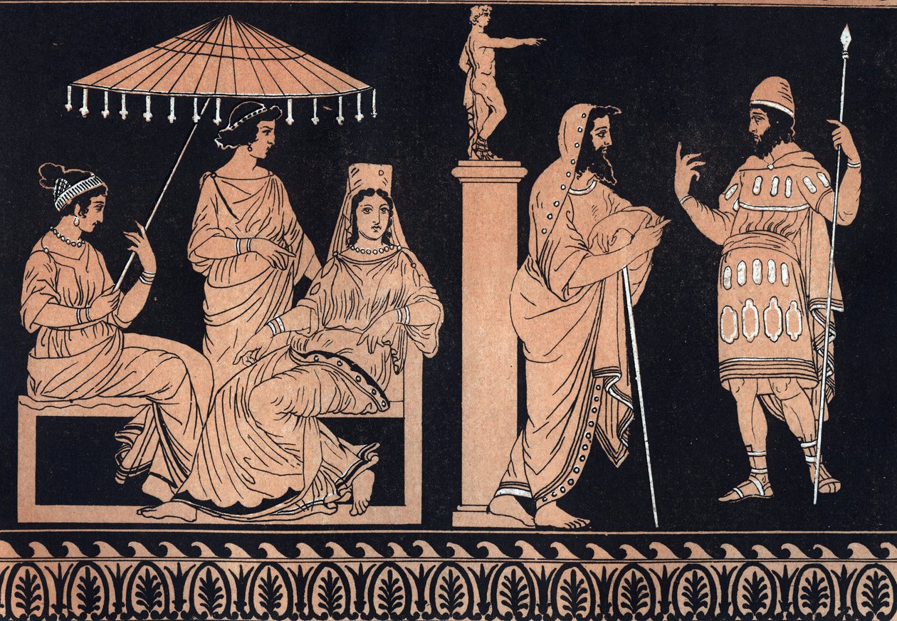 होमर द्वारा ओडिसी - अलसिनस के दरबार में यूलिसिस - ओडिसी डी'होमरे: "यूलिसिस ए ला कौर डी'एल्सिनोस"" यूलिसिस ने अपनी मातृभूमि पर लौटने के लिए आवश्यक मदद के लिए अलसीनस (एल्किनोस, अल्किनोस) से पूछा - "उसी ई कॉस्ट्यूमी डि से उत्कीर्णन द्वारा अज्ञात कलाकार