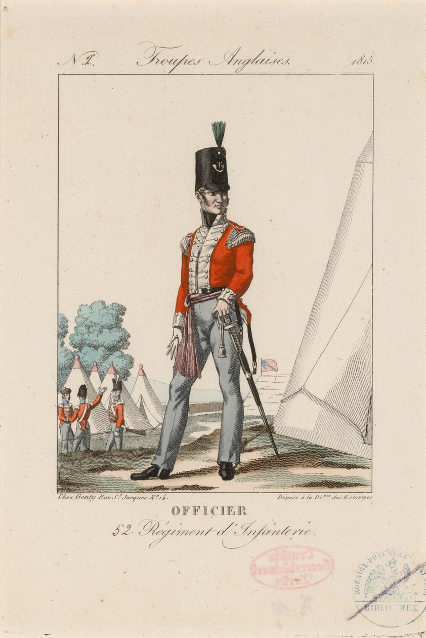 अधिकारी 52 रेजिमेंट डी'इन्फैंटेरी', c.1815 (रंगीन उत्कीर्णन) द्वारा अज्ञात कलाकार