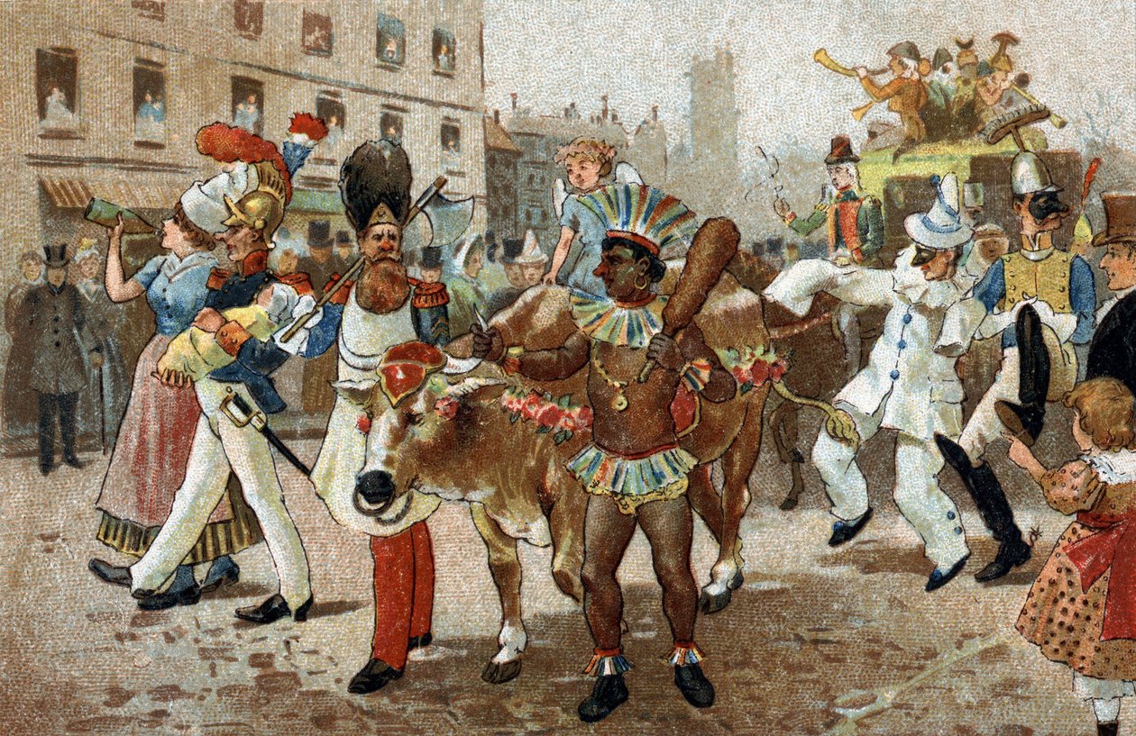 इले डी फ्रांस क्षेत्र में मनाया जाने वाला पुराना रिवाज: 1830 में बीफ ग्रास का जुलूस। 19 वीं शताब्दी के अंत की क्रोमोलिथोग्राफी। द्वारा अज्ञात कलाकार