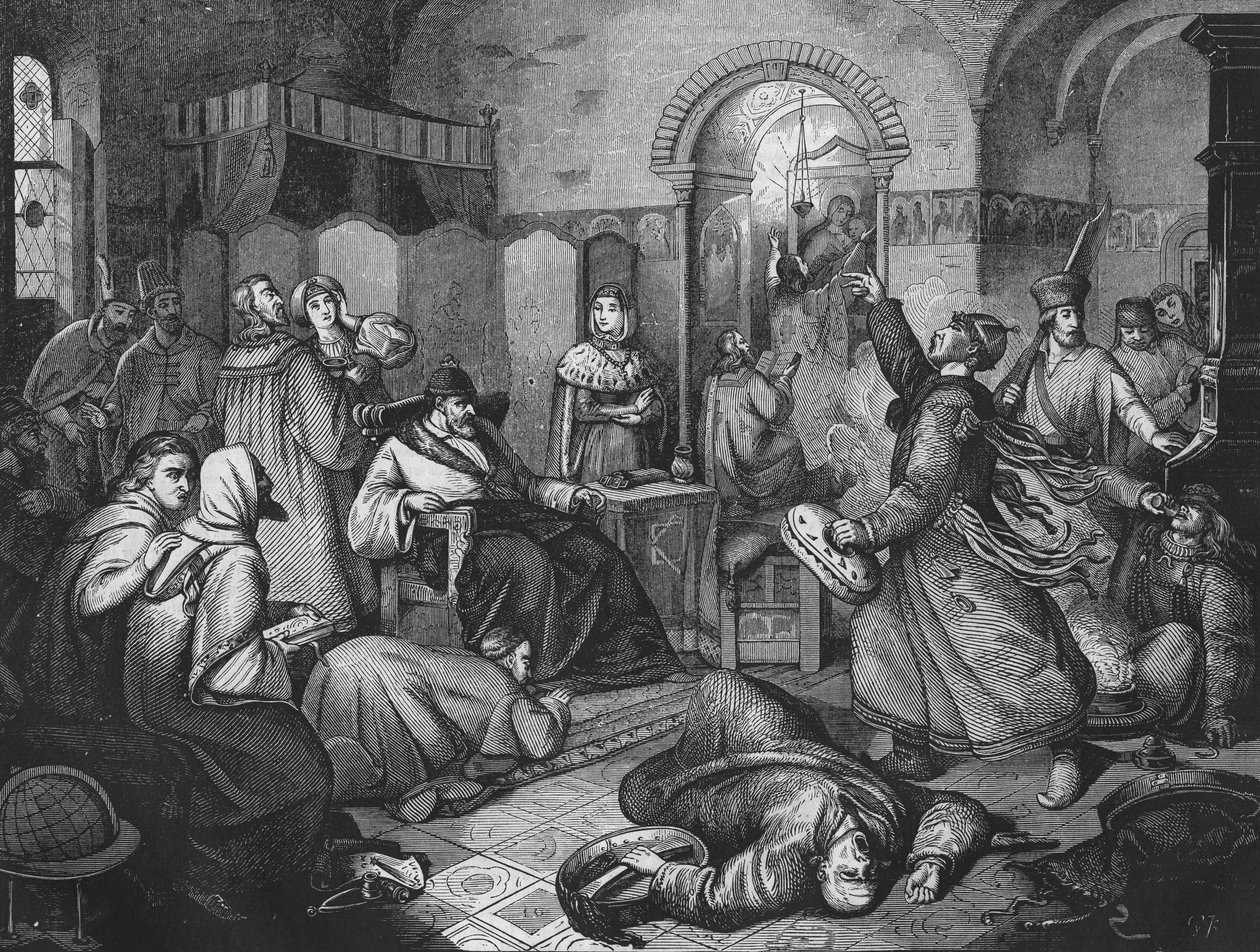 इवान IV द टेरिबल (1530-1584) के अंतिम दिन, ज़ार और रूस के महान राजकुमार, उनके बगल में उनकी खूबसूरत बेटी थी। 1860 की नक्काशी। द्वारा अज्ञात कलाकार