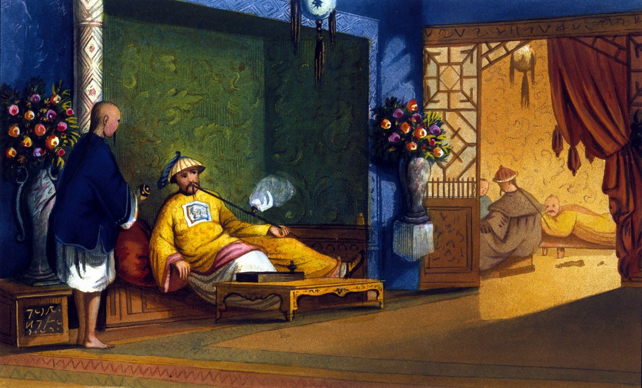 चीन में अफीम का धुआं, 1830 के आसपास उत्कीर्ण। द्वारा अज्ञात कलाकार