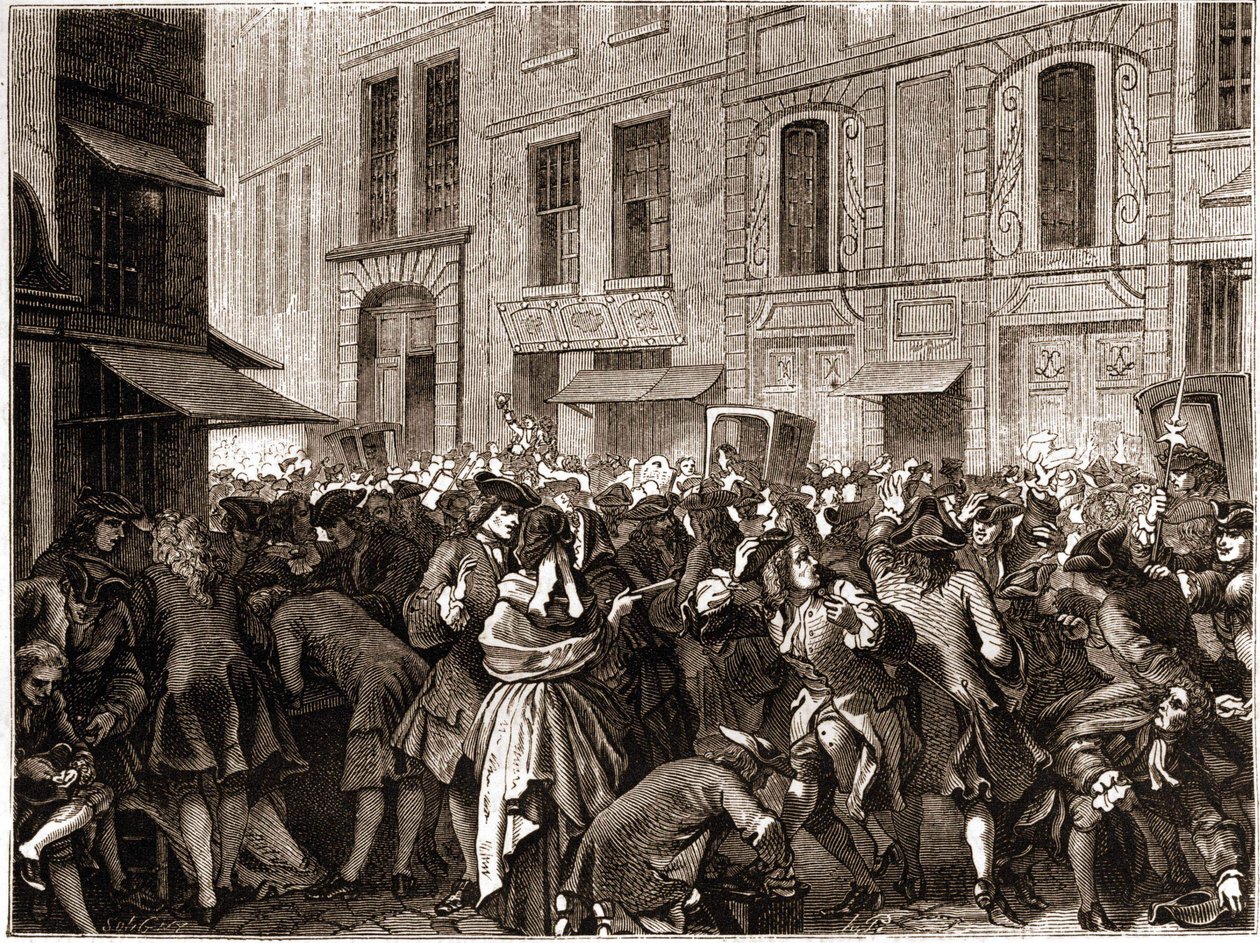 पेरिस IV arrondissement - La rue Quincampoix en 1720 a l'epoque du système de John Law (1671 - 1729) - "" L'agiotage a la rue Quincampoix" (कानून द्वारा दिवालिया होने का कारण) - सट्टेबाजों के साथ rue Quincampoix का दृश्य जॉन लॉ की व् द्वारा अज्ञात कलाकार