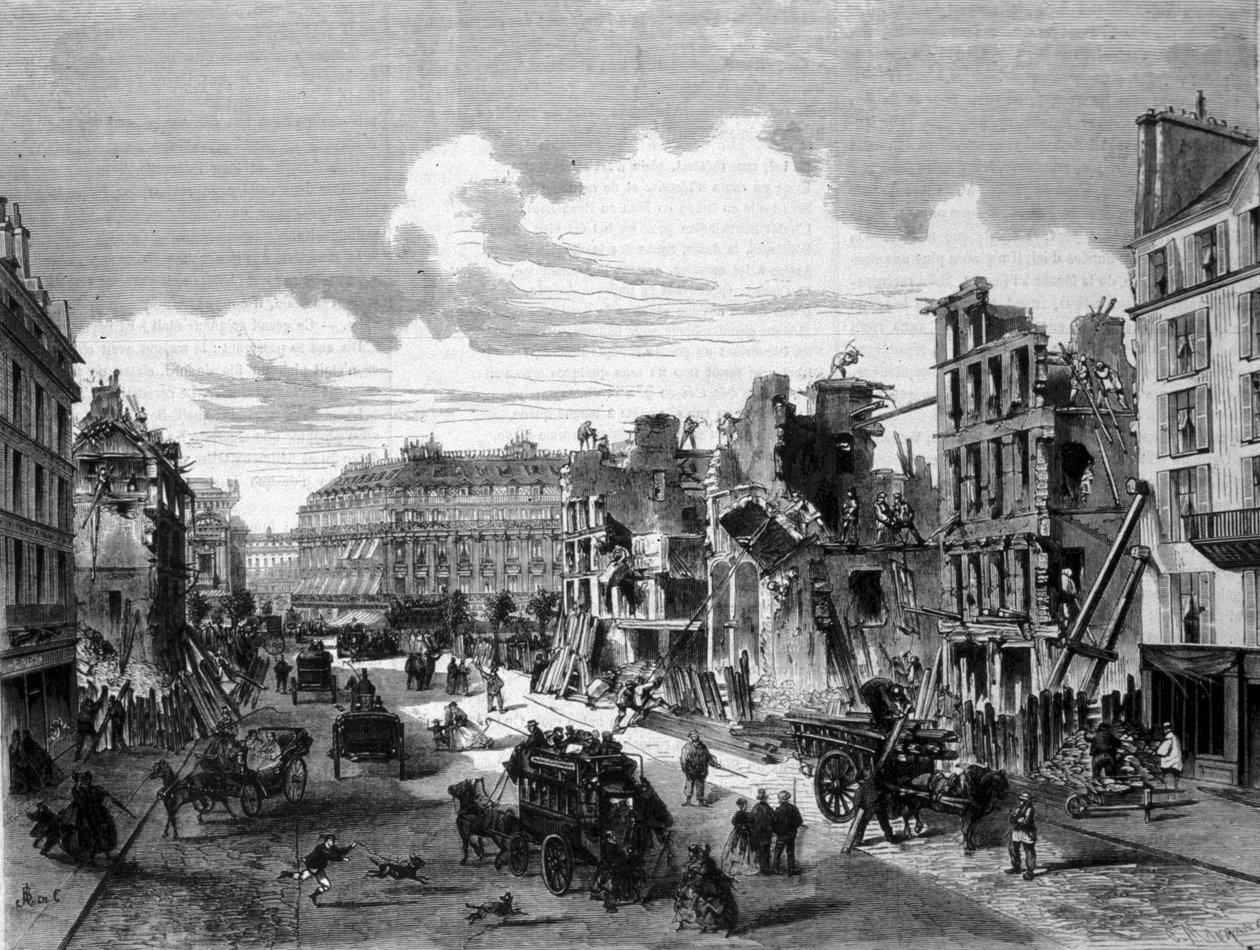 पेरिस, रुए डे रेउमुर के उद्घाटन के लिए विध्वंस रुए डे ला पैक्स। 1868. 19वीं सदी की नक्काशी। द्वारा अज्ञात कलाकार