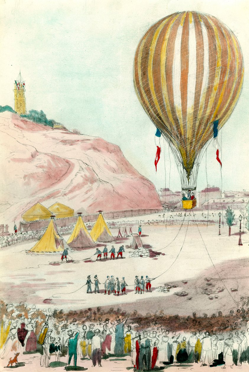 1870 से पेरिस मुख्यालय: पेरिस में बाहर से संचार के लिए उपयोग किए जाने वाले गुब्बारों में से एक का दृश्य। 19वीं सदी के निजी संग्रह का जल रंग द्वारा अज्ञात कलाकार