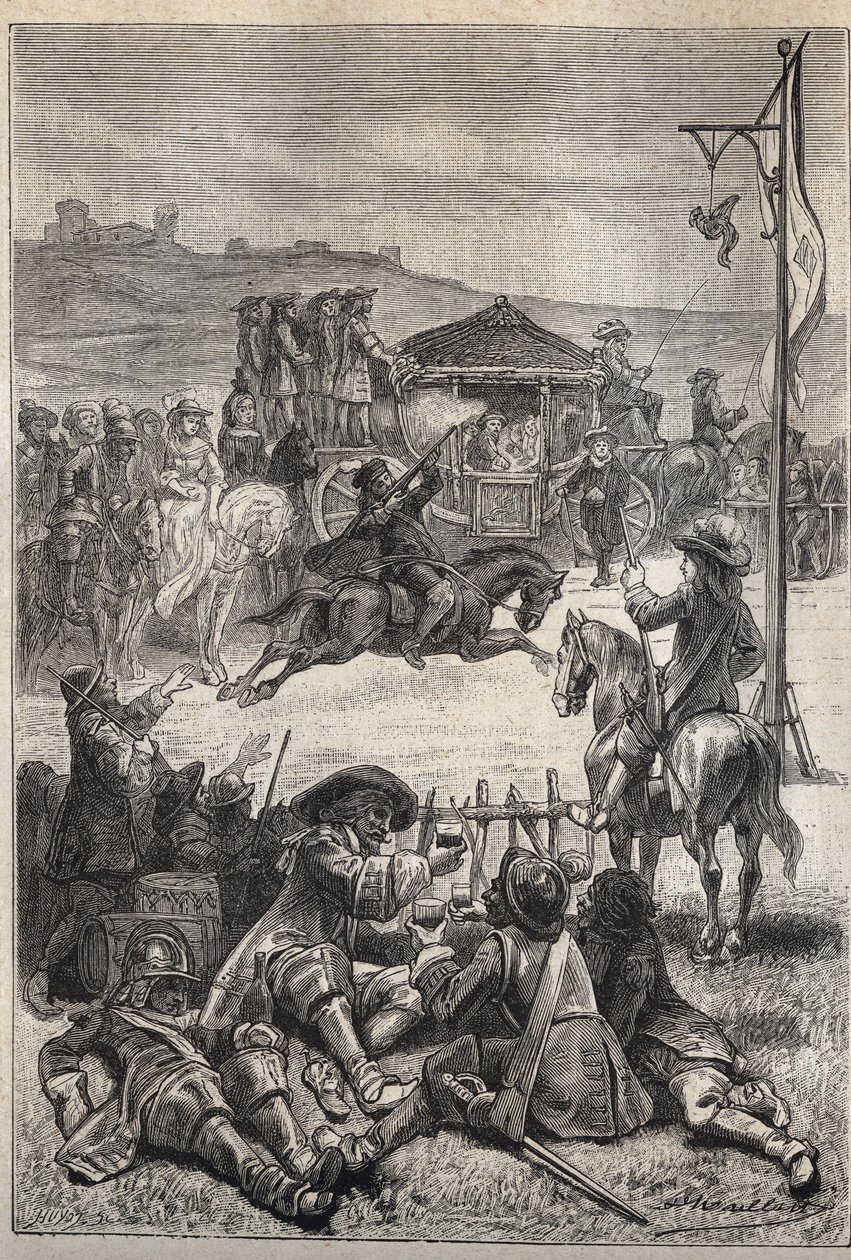 तोता शूटिंग - वाल्टर स्कॉट (1771-1832) द्वारा ऐतिहासिक उपन्यास "द प्यूरिटन्स ऑफ स्कॉटलैंड" (ओल्ड मॉर्टेलिटी) के लिए 19वीं सदी का चित्रण द्वारा अज्ञात कलाकार